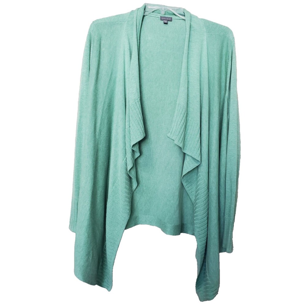 Lilla P Green Cotton/Modal Waterfall Ribbed Trim Open Front Cardigan Size Large